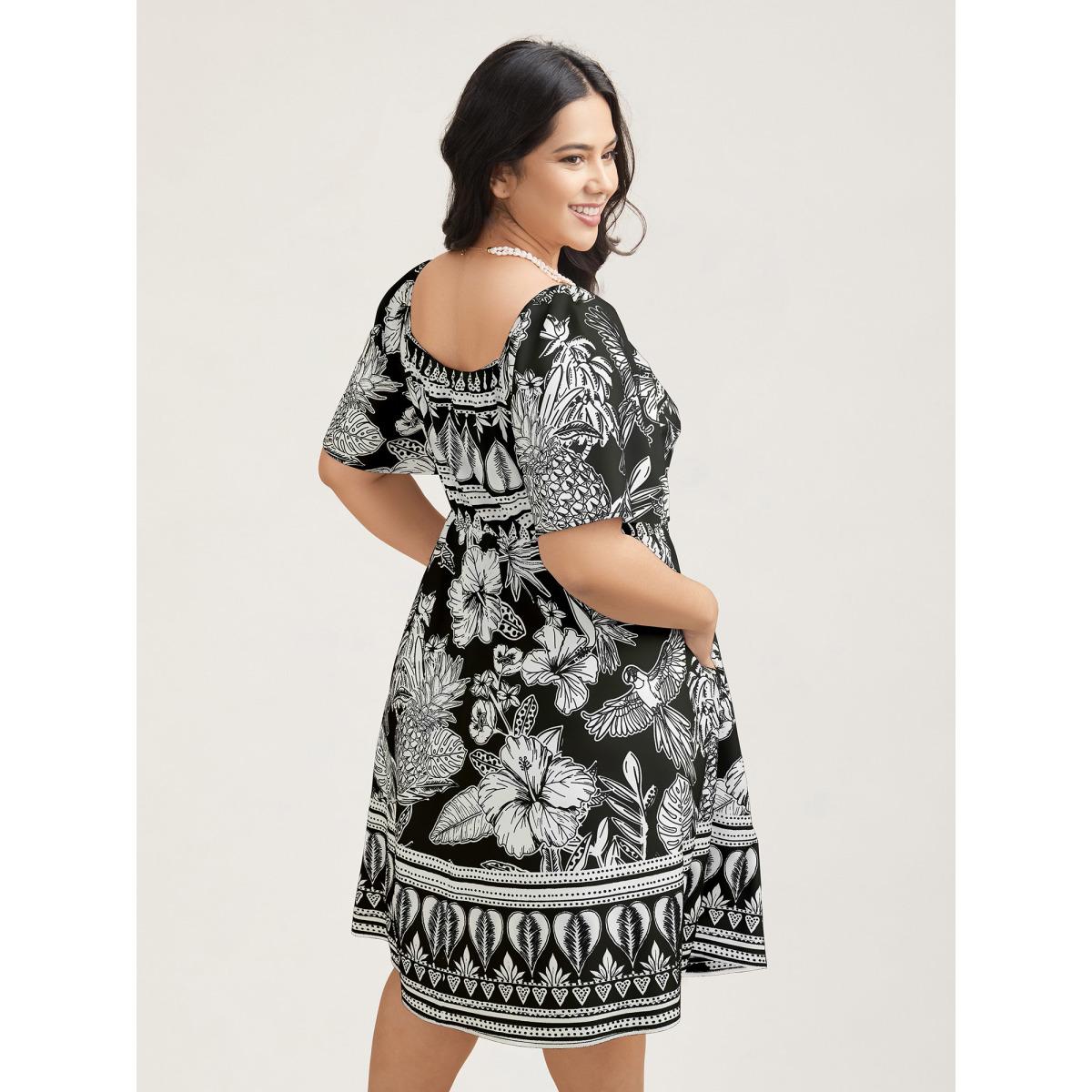 Plus Size Boho Print Fit Flare Pockets Midi Dress Black Women Resort Non Heart neckline Short sleeve Curvy BloomChic 22-24/3X Product Image