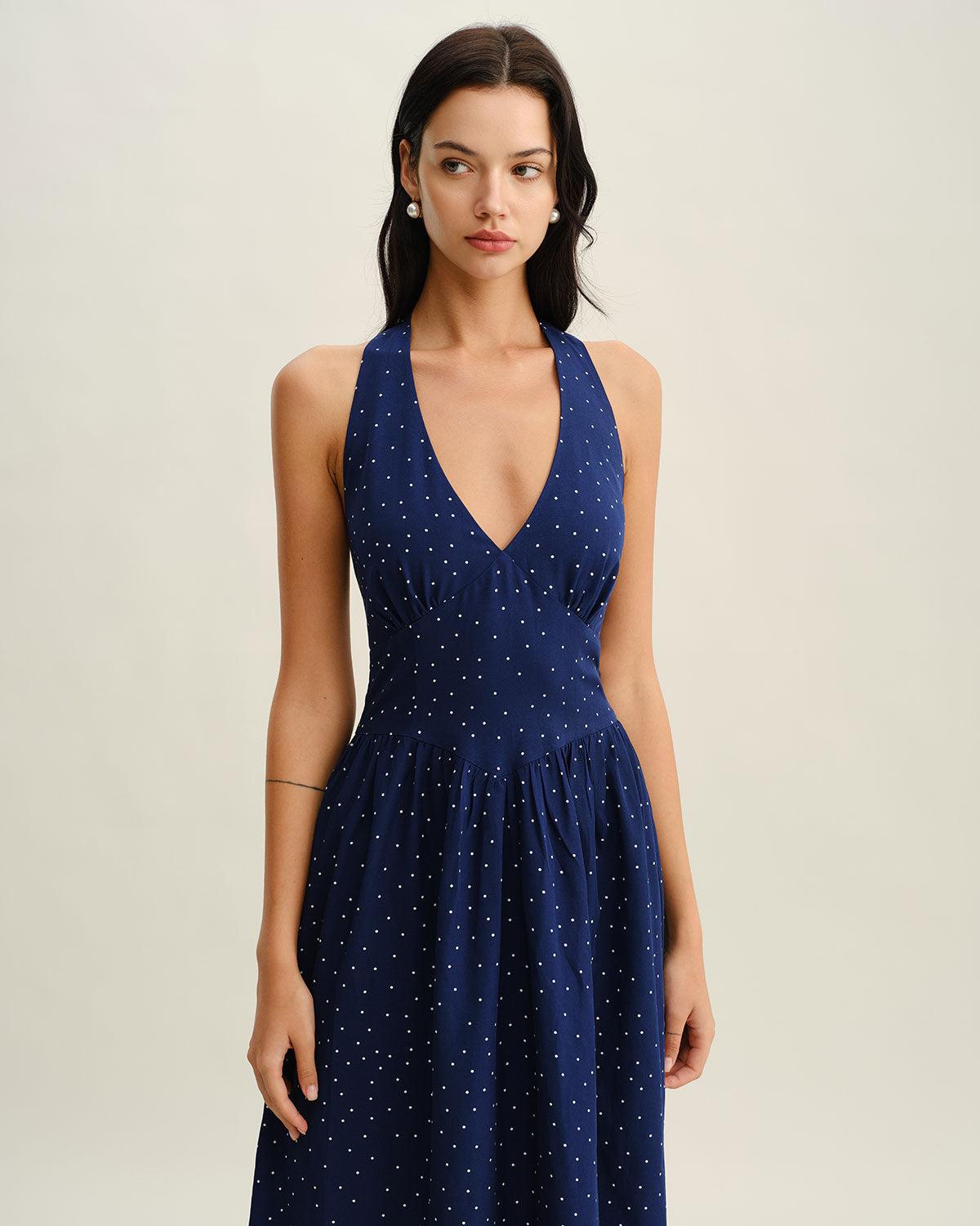 Blue Polka Dot Halter Maxi Dress Product Image