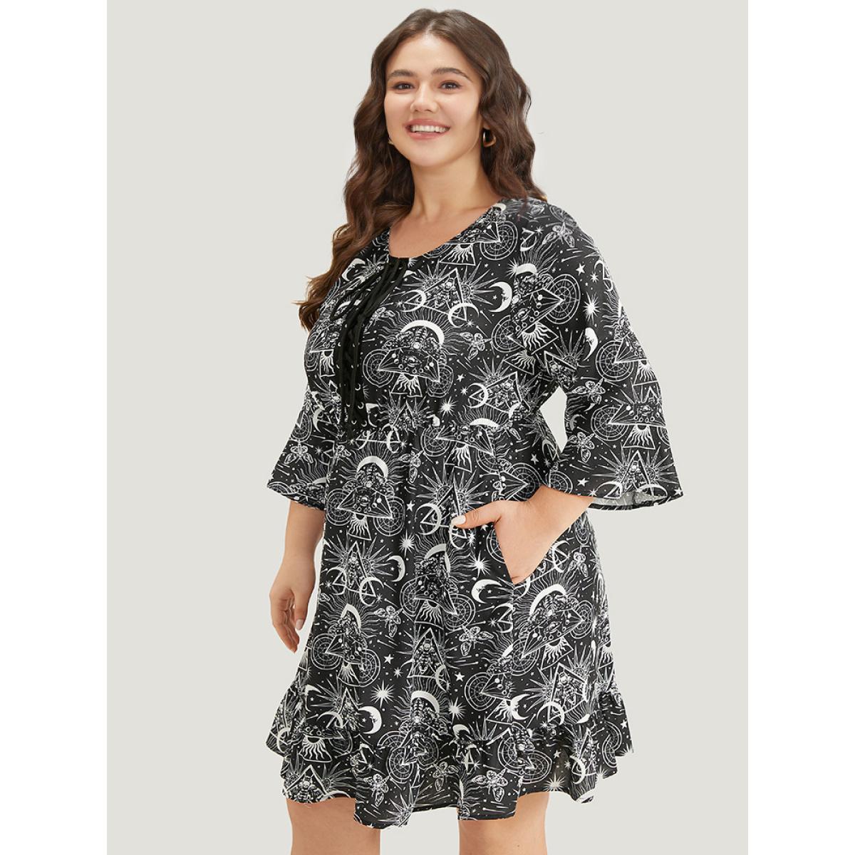 Plus Size Halloween Moon & Star Lace Up Pocket Bell Sleeve Dress Black Women Office Cross straps Round Neck Elbow-length sleeve Curvy Knee Dress BloomChic 30/6X Product Image