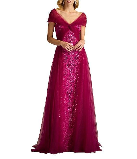 Tadashi Shoji Taffeta Sequin Print V-Neck Cap Sleeve Gown Product Image