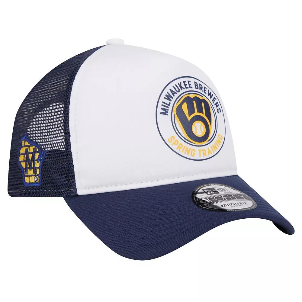 Men's New Era White/Navy Milwaukee Brewers Spring Training Circle Foam A-Frame 9FORTY Trucker Adjustable Hat, Blue Product Image