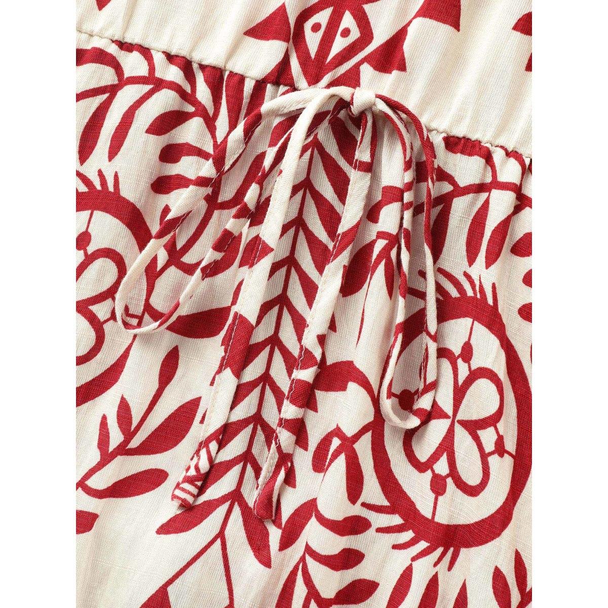 Plus Size Ornate Print Color Contrast Midi Dress Raspberry Women Tie knot Flat collar with V-notch Elbow-length sleeve Curvy BloomChic 30/6X Product Image