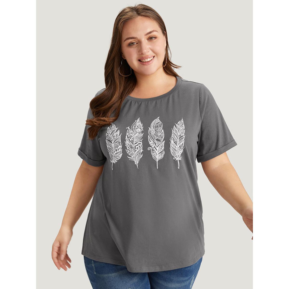 Plus Size Feather Print Roll Sleeve T-shirt DimGray Women Casual Printed Feather Dailywear T-shirts BloomChic 22-24/3X Product Image