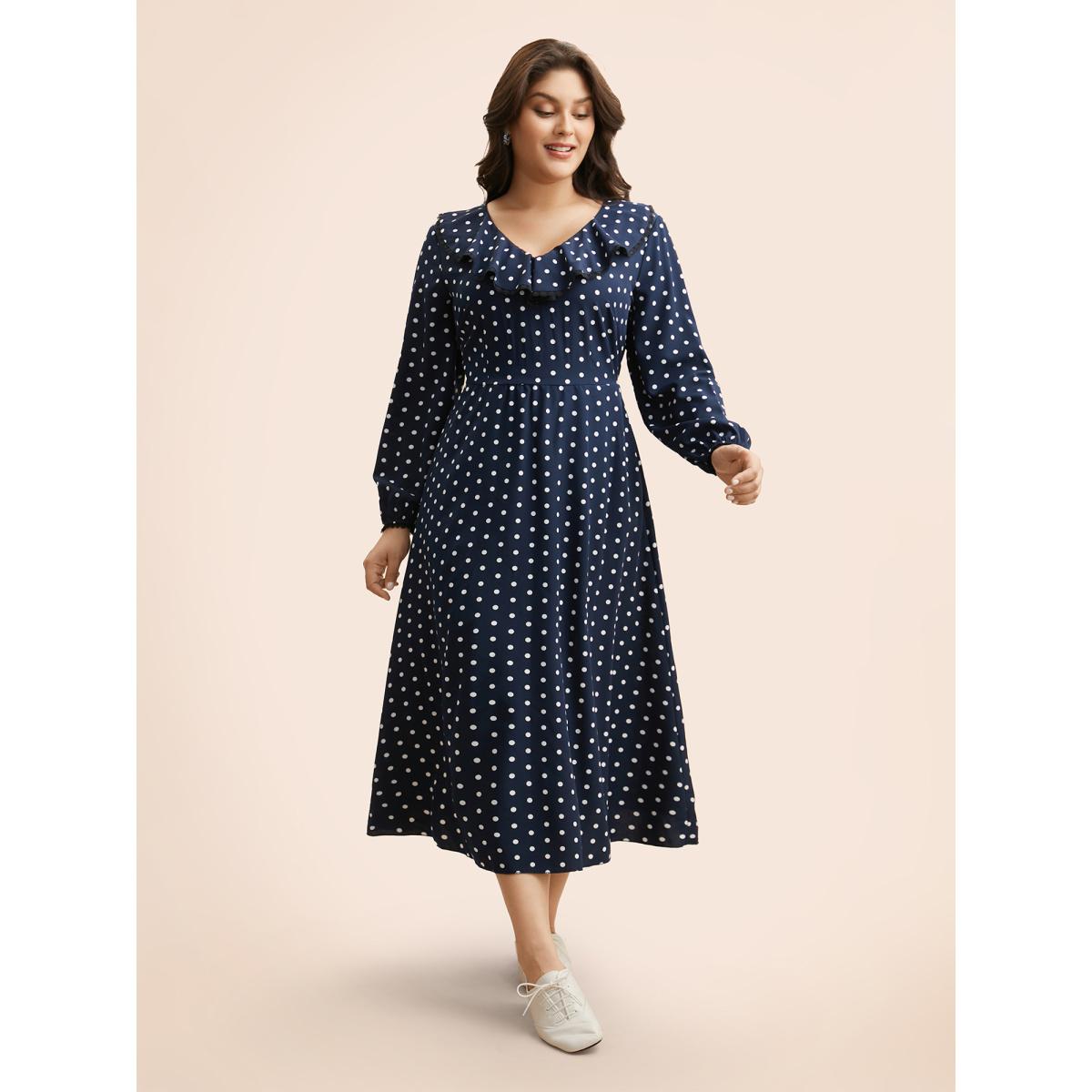 Plus Size Polka Dot Ruffle Trim Midi Dress DarkBlue Women Elegant Ruffles V-neck Long Sleeve Curvy BloomChic 18-20/2X Product Image