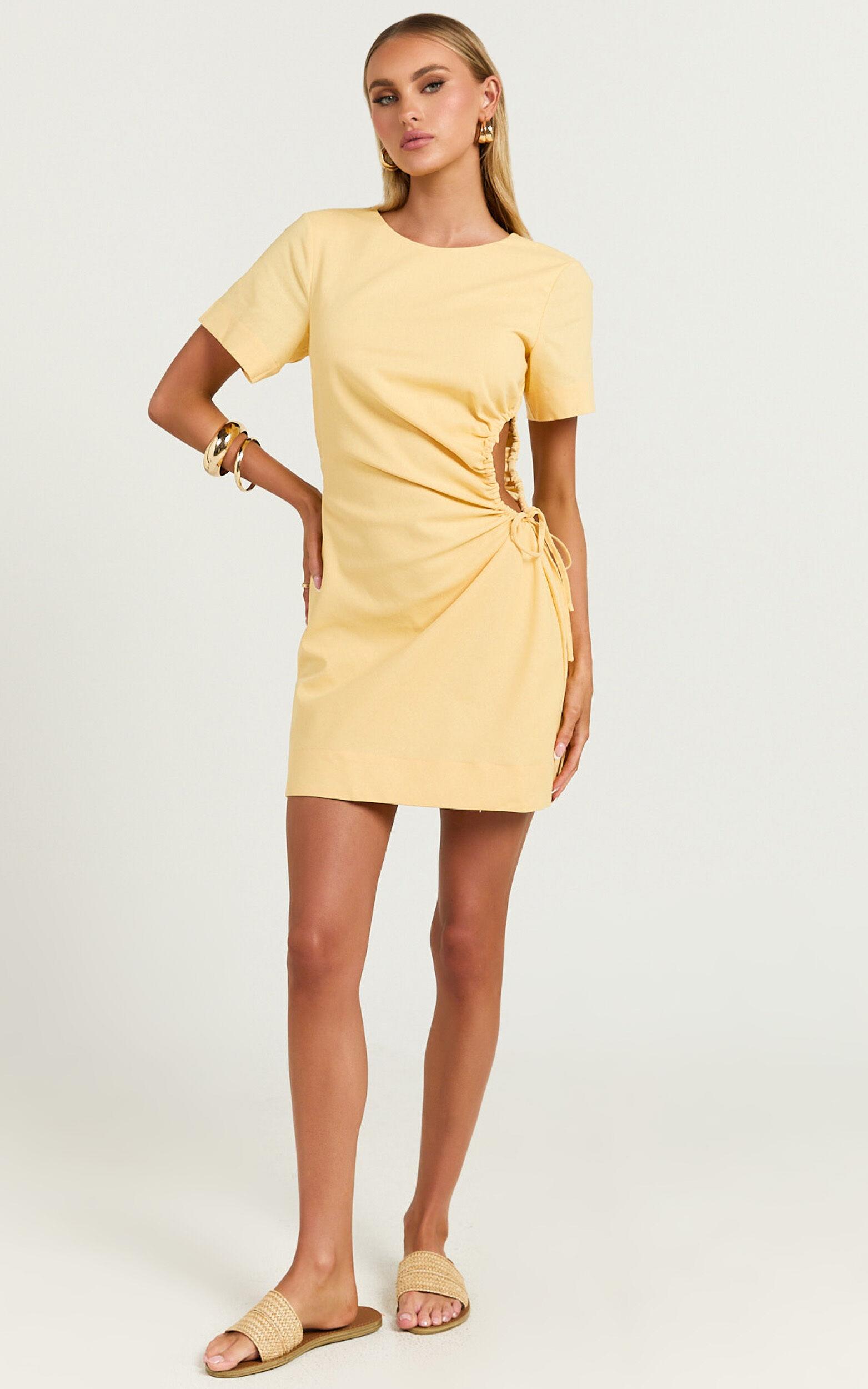 Samira Mini Dress - Ruched Cut Out Linen Dress in Lemon Product Image