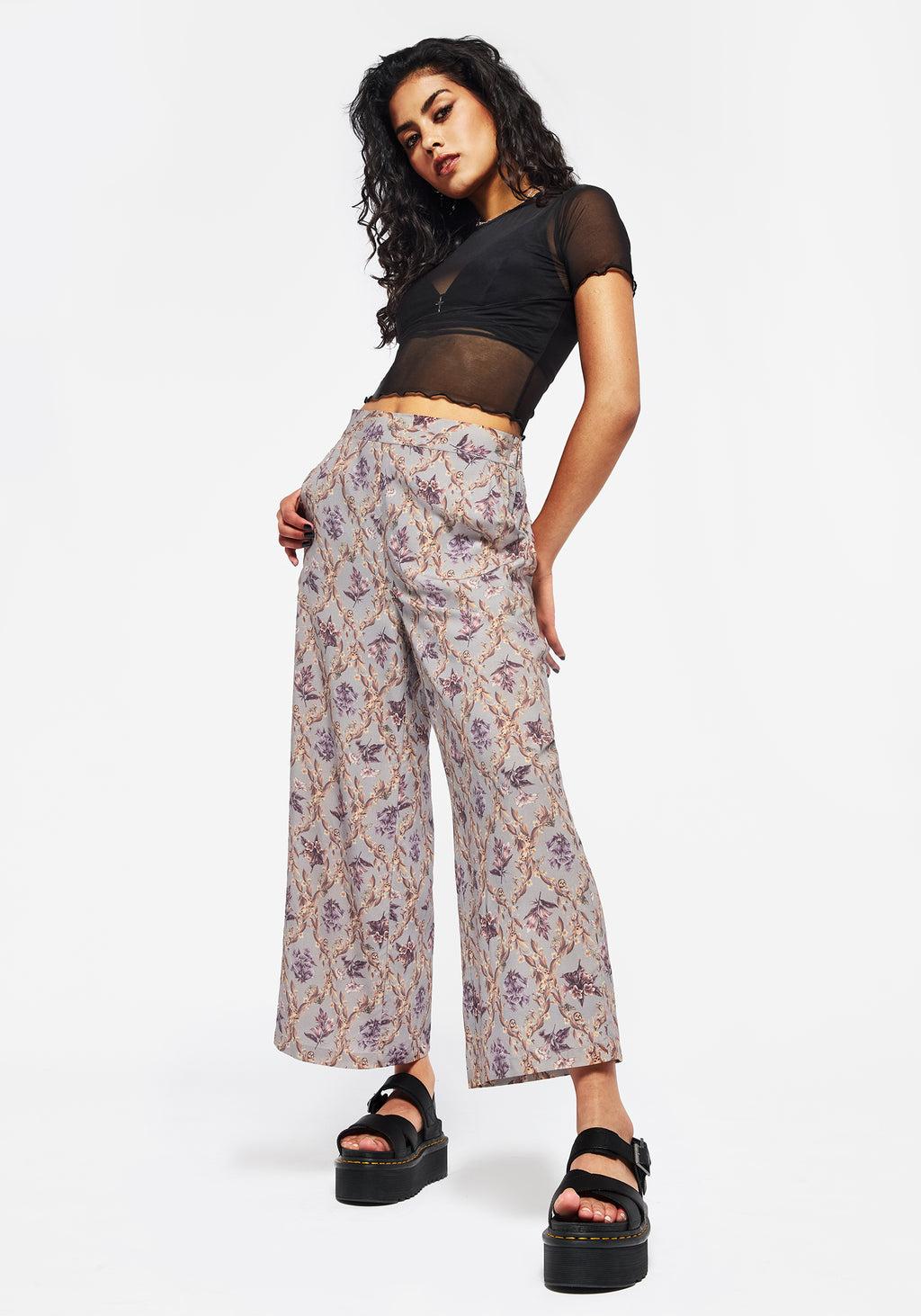 Blossom Floral Tile Printed Wide Leg Culotte Trousers Product Image