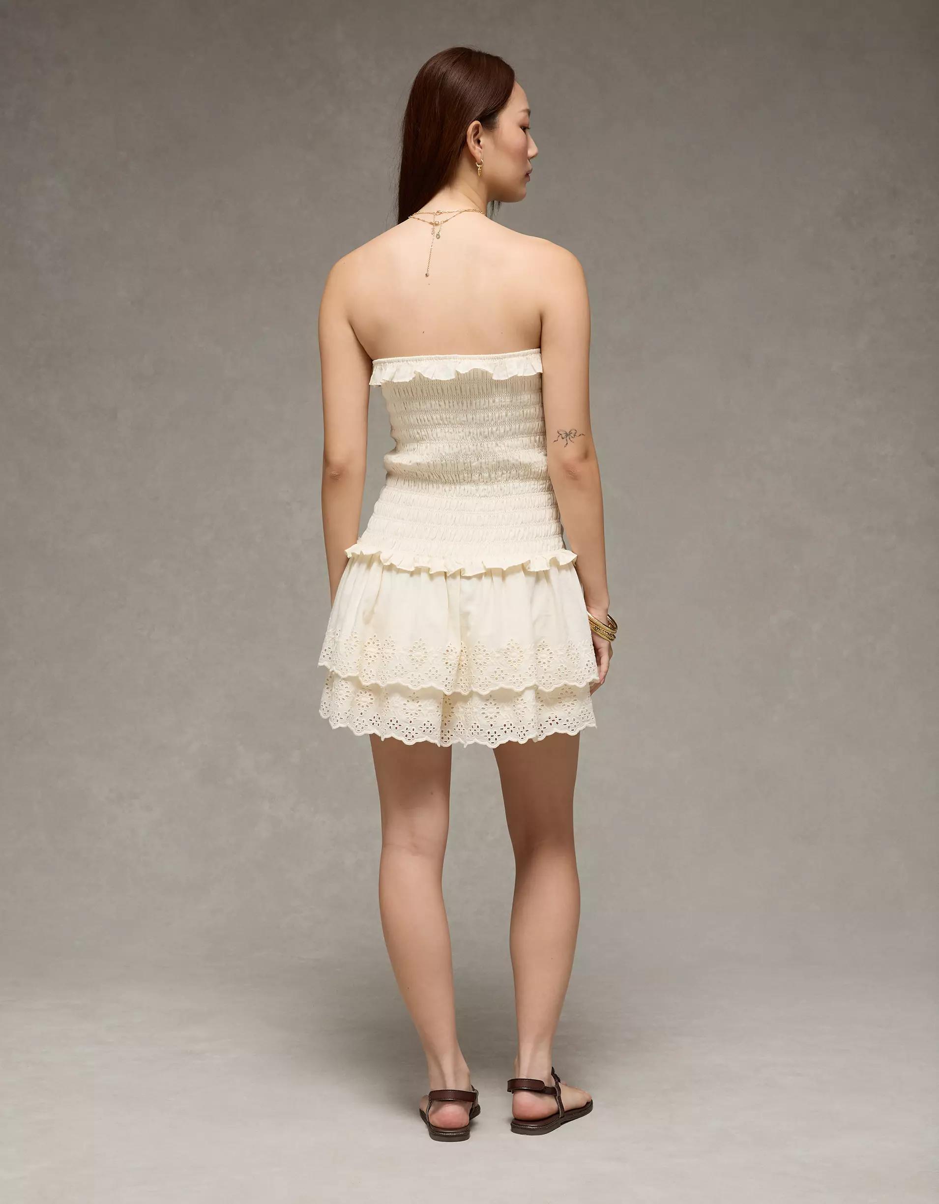 AE Strapless Smocked Ruffle Drop Waist Mini Dress Product Image