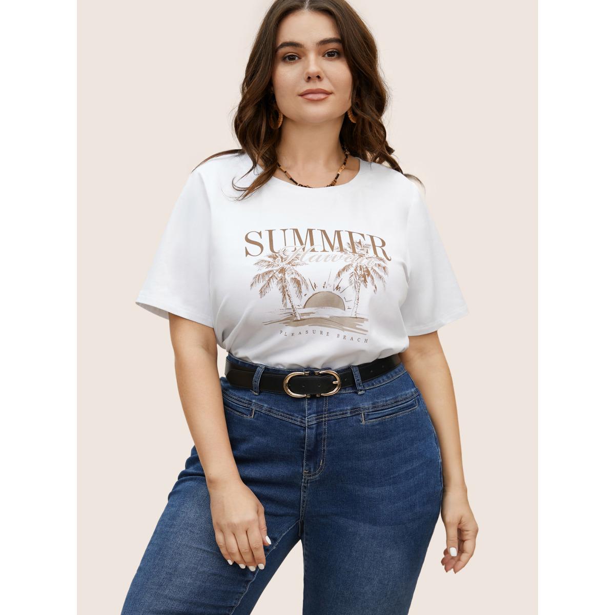 Plus Size Tropical Landscape Print Round Neck T-shirt Originalwhite Women Resort Contrast Round Neck Vacation T-shirts BloomChic 26/4X Product Image