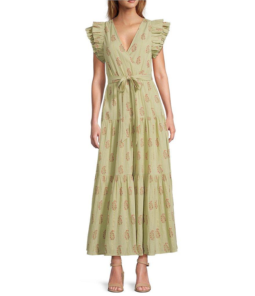 A Loves A Floral Metallic Striped Print Surplice V-Neck Short Ruffled Sleeve Tiered Maxi Dress Product Image