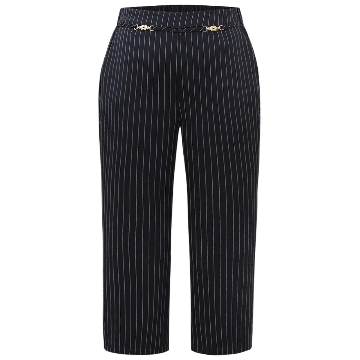 Plus Size Striped Mid Rise Buckle Detail Pants Women DarkBlue Office Straight Leg Mid Rise Work Pants BloomChic 22-24/3X Product Image