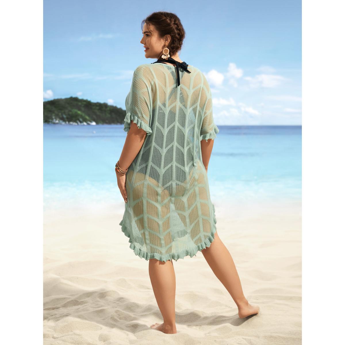 Plus Size Texture Ruffles Cut Out Dolman Sleeve Swim Cover Up Women's Swimwear Palemauve Beach Loose Texture Curve Swim Cover Ups BloomChic 12/L Product Image
