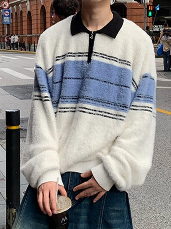 Men's Contrast Striped Lapel Neck Half Zip Sweater Product Image