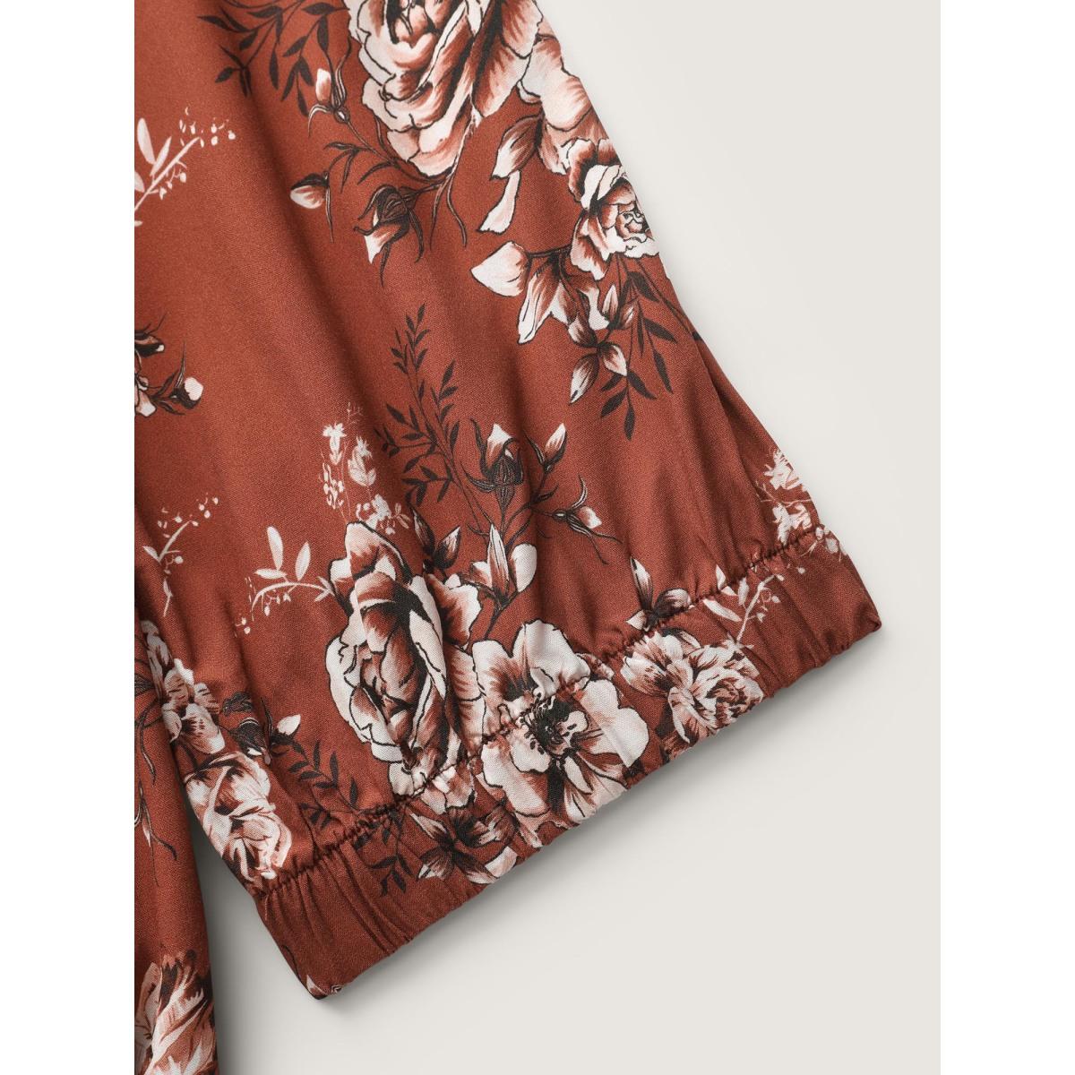 Plus Size Floral Print Shirred Bust-Comfort Maxi Dress Rust Women Timeless Gathered Deep V-neck Elbow-length sleeve Curvy BloomChic 28/5X Product Image