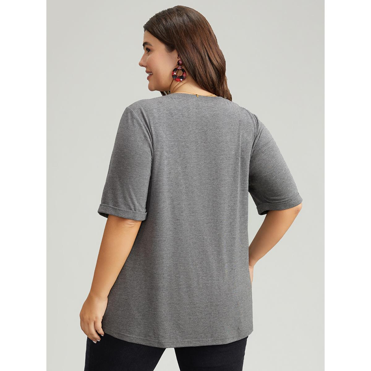 Plus Size Christmas Gingham Patchwork V Neck T-shirt DimGray Women Leisure Printed Christmas Casual T-shirts BloomChic 10/M Product Image