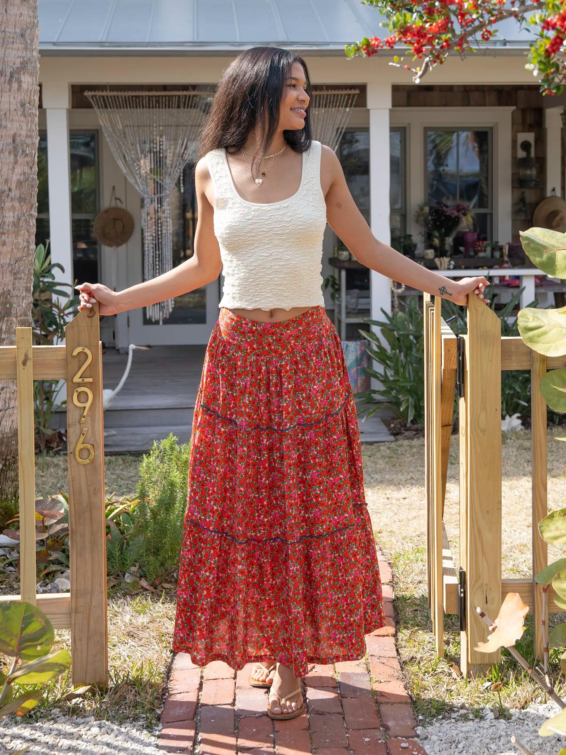 Karlie Tiered Maxi Skirt - Red Pink Azaleas Product Image