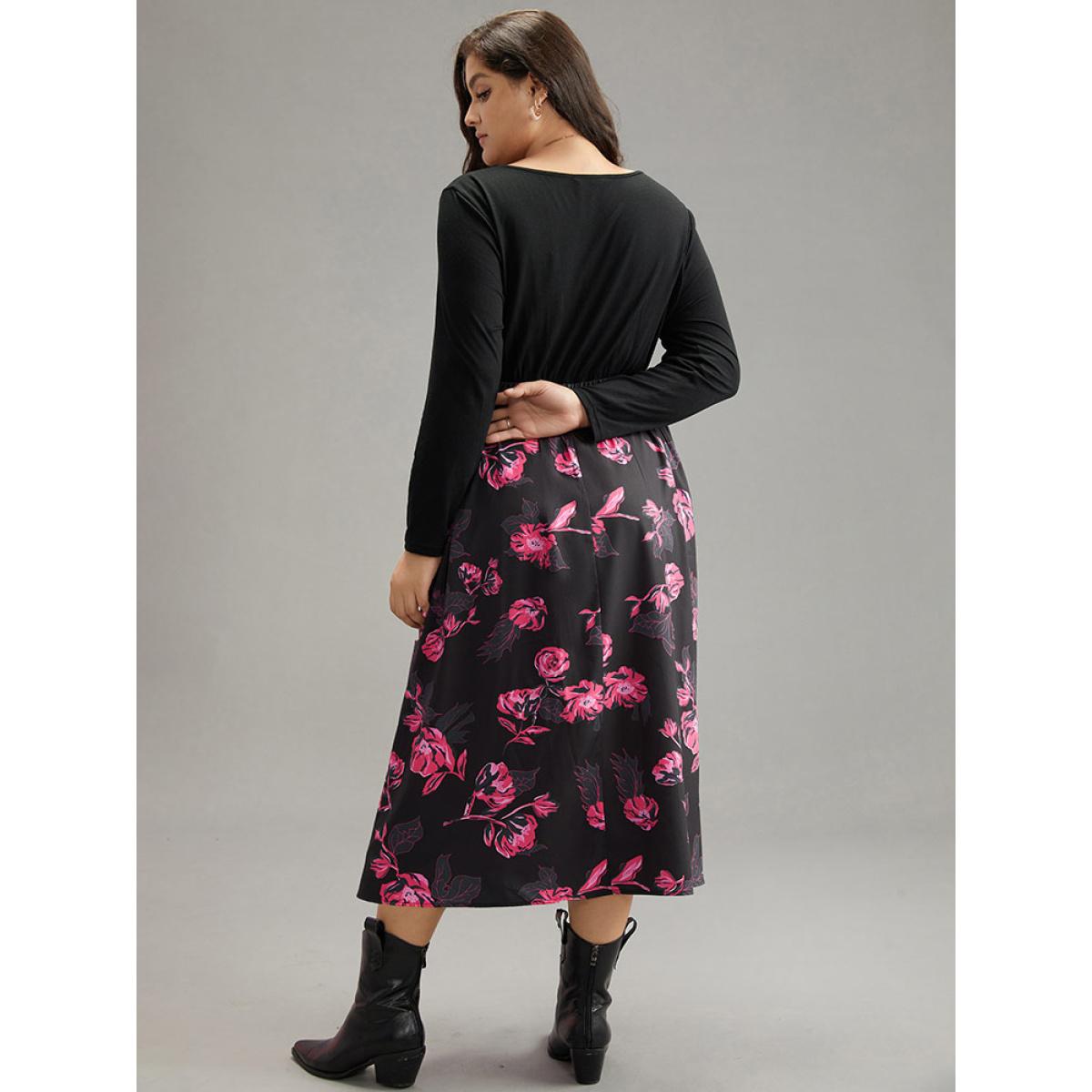Plus Size Floral Patchwork Gathered Drawstring Dress Black Women Casual Gathered Tie Neck Long Sleeve Curvy Midi Dress BloomChic 10/M Product Image