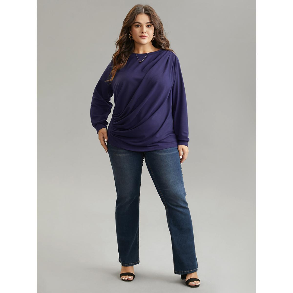 Plus Size Plain Pleated Round Neck Slightly Stretchy Sweatshirt Women Eggplant Casual Plain Round Neck Everyday Sweatshirts BloomChic 22-24/3X Product Image