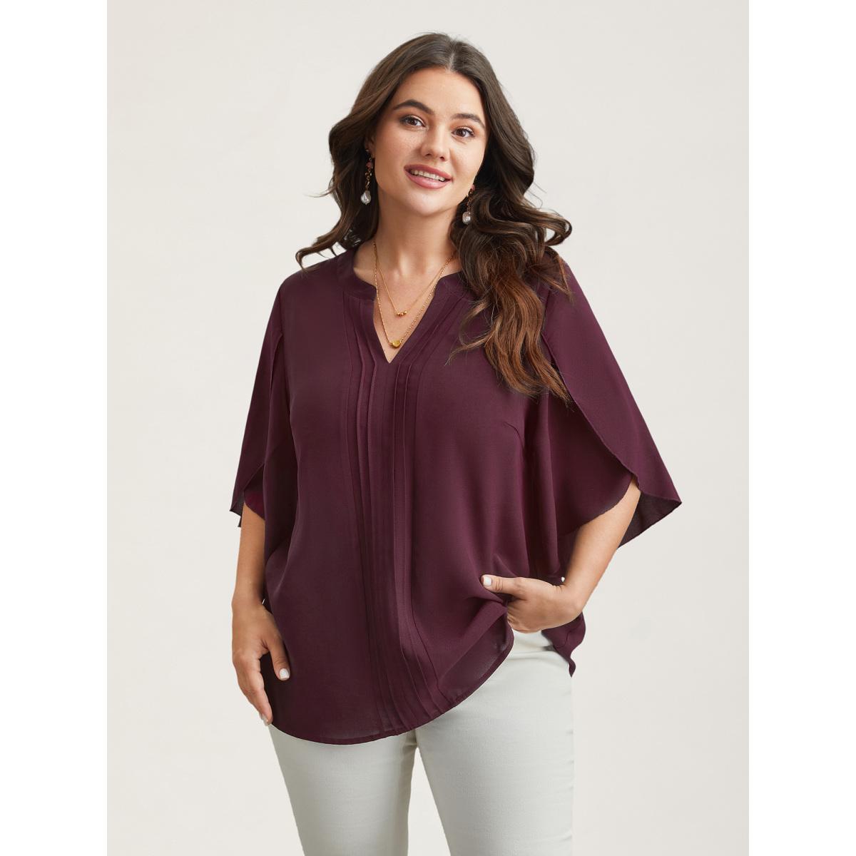 Plus Size Browncoffeecolor Petal Sleeve Toothpick Pleats Shirt Women Office Elbow-length sleeve Notched collar Office Blouses BloomChic 12/L Product Image