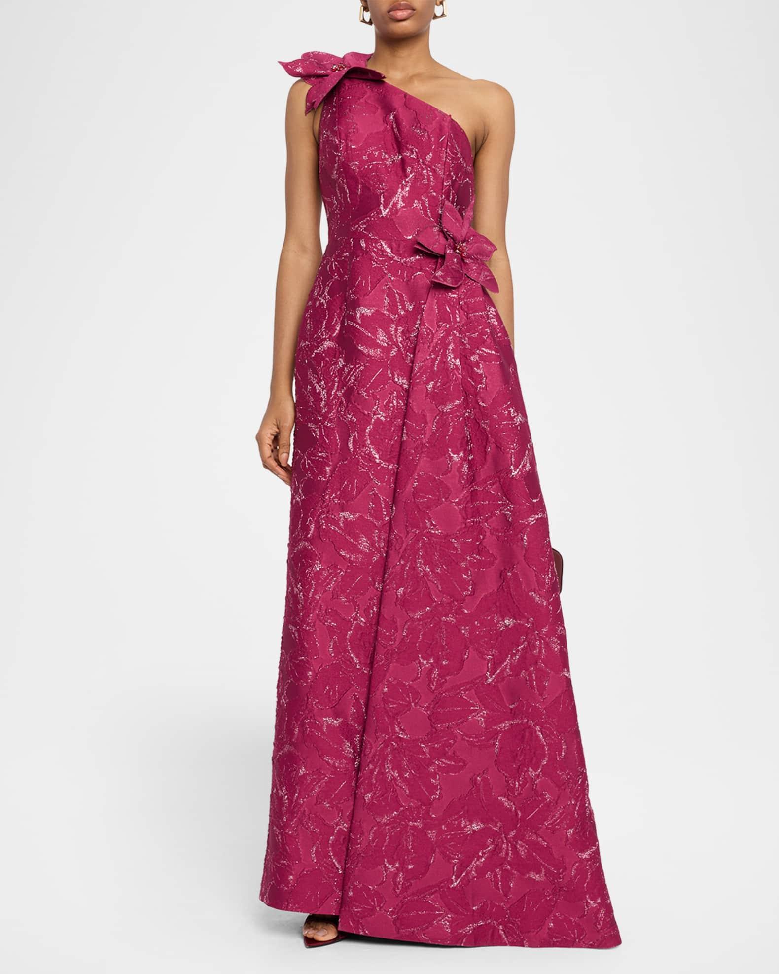 Draped One-Shoulder Floral Jacquard Gown Product Image