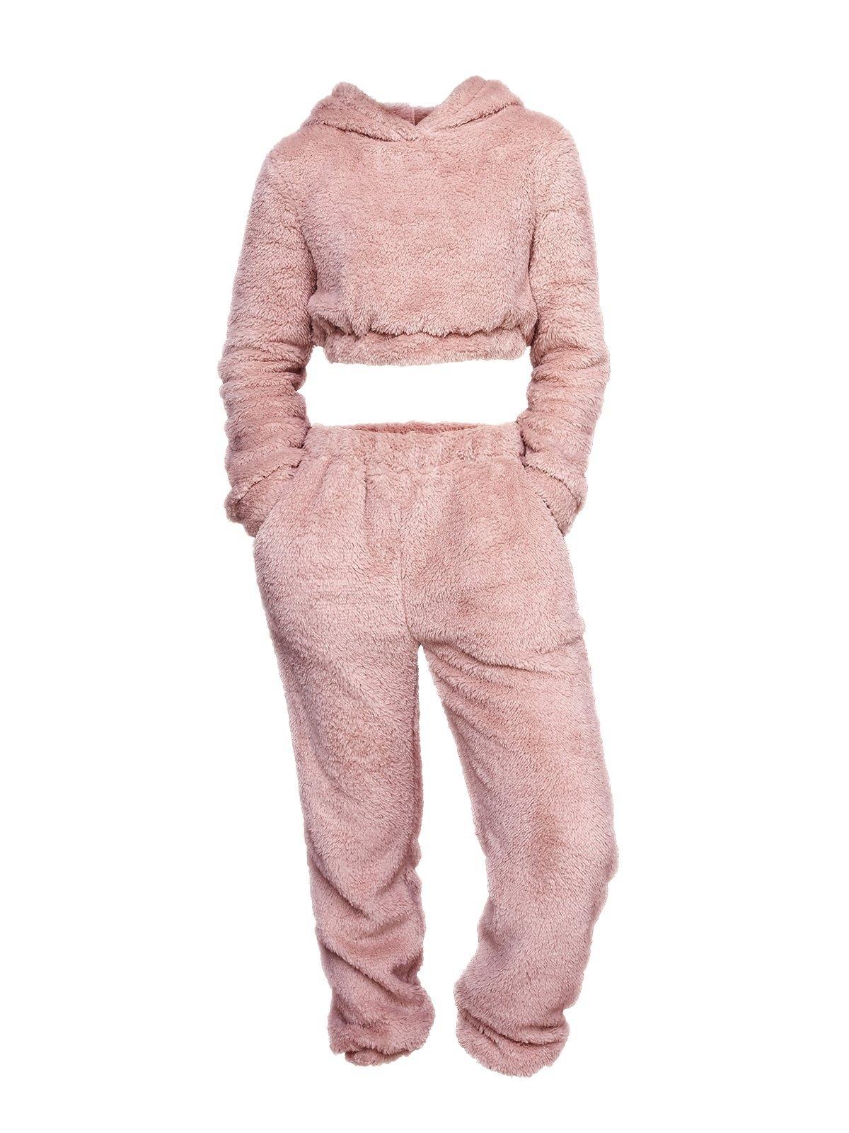 Solid Plush Hooded & Pocket Pants Set Product Image