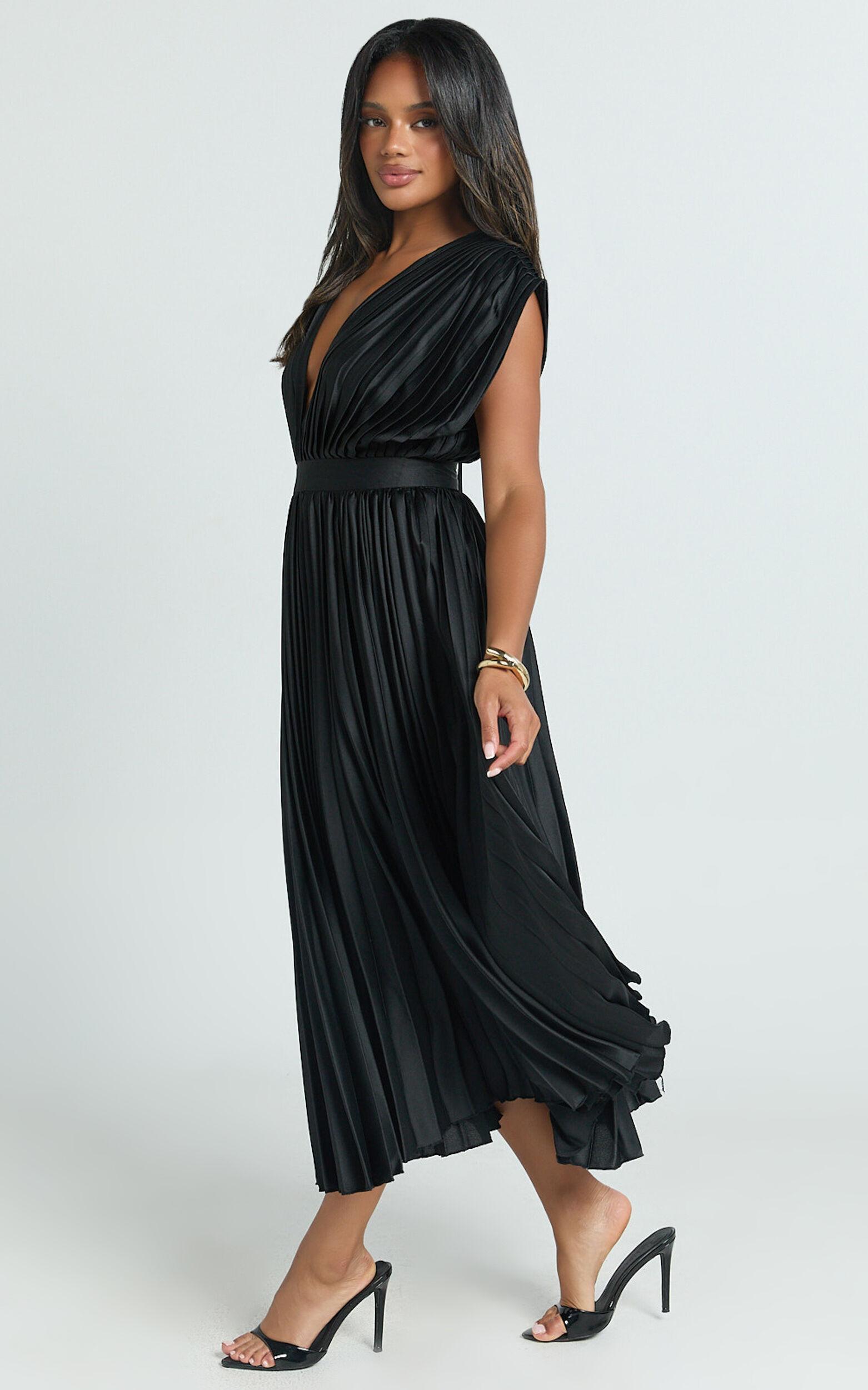 Della Midi Dress - Plunge Neck Short Sleeve Pleated Dress in Black Product Image