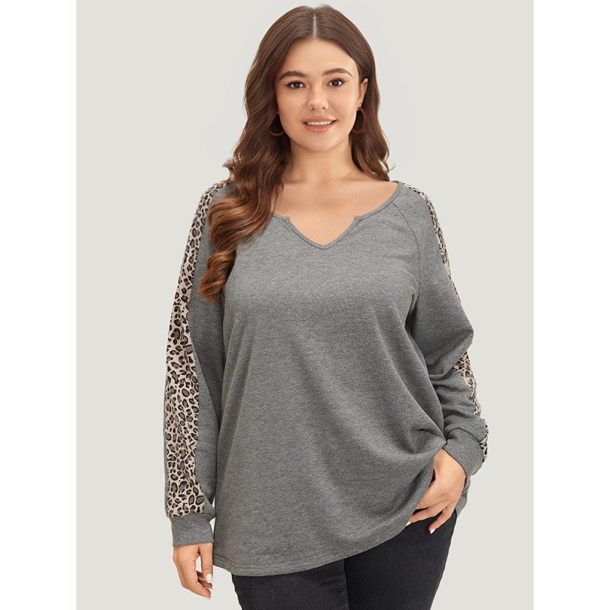 Plus Size Leopard Patchwork Notched Raglan Sleeve Sweatshirt Women Gray Casual Patchwork Notched collar Dailywear Sweatshirts BloomChic 18-20/2X Product Image