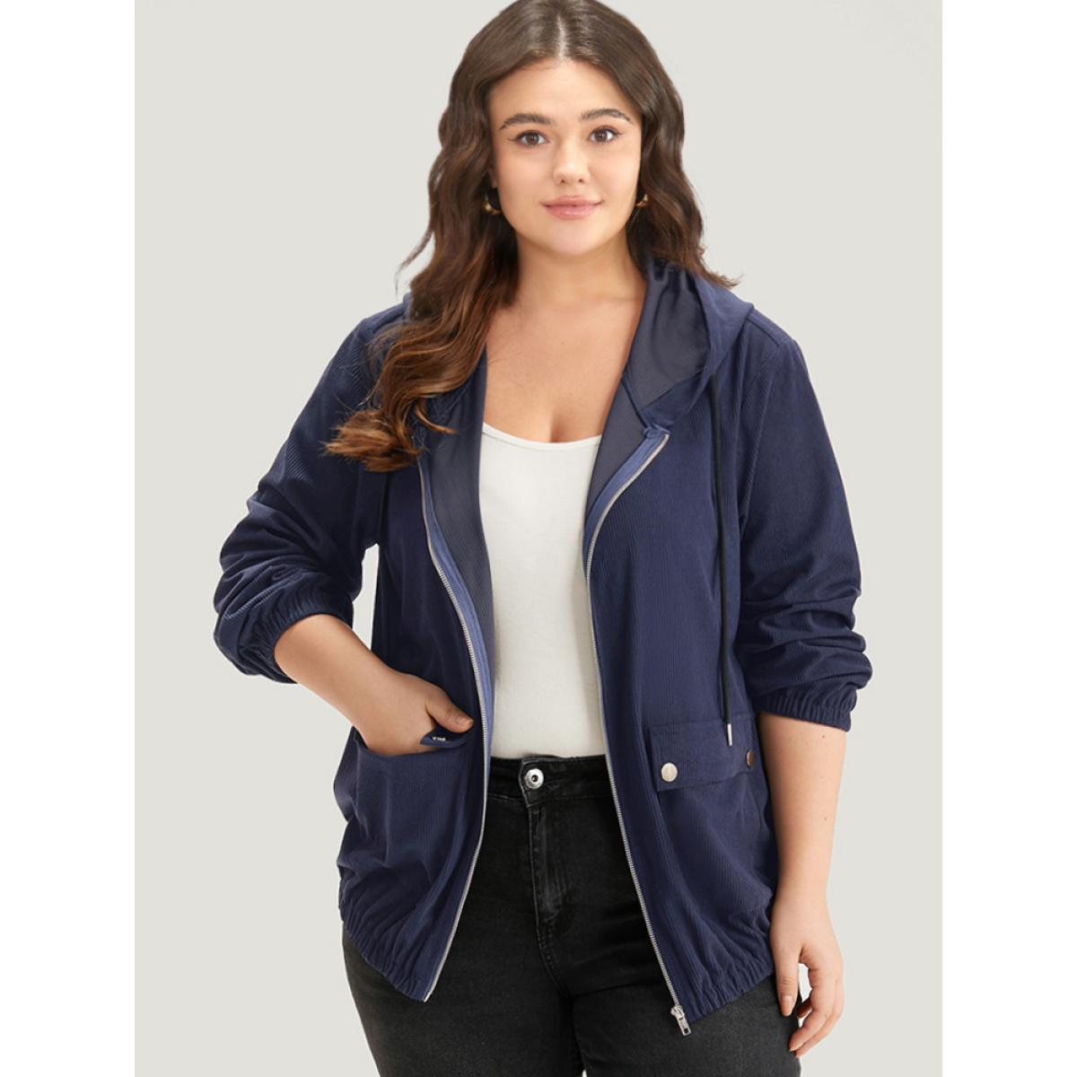 Plus Size Halloween Solid Flap Pocket Hooded Drawstring Jacket Women Indigo Texture Loose Pocket Dailywear Jackets BloomChic 26/4X Product Image