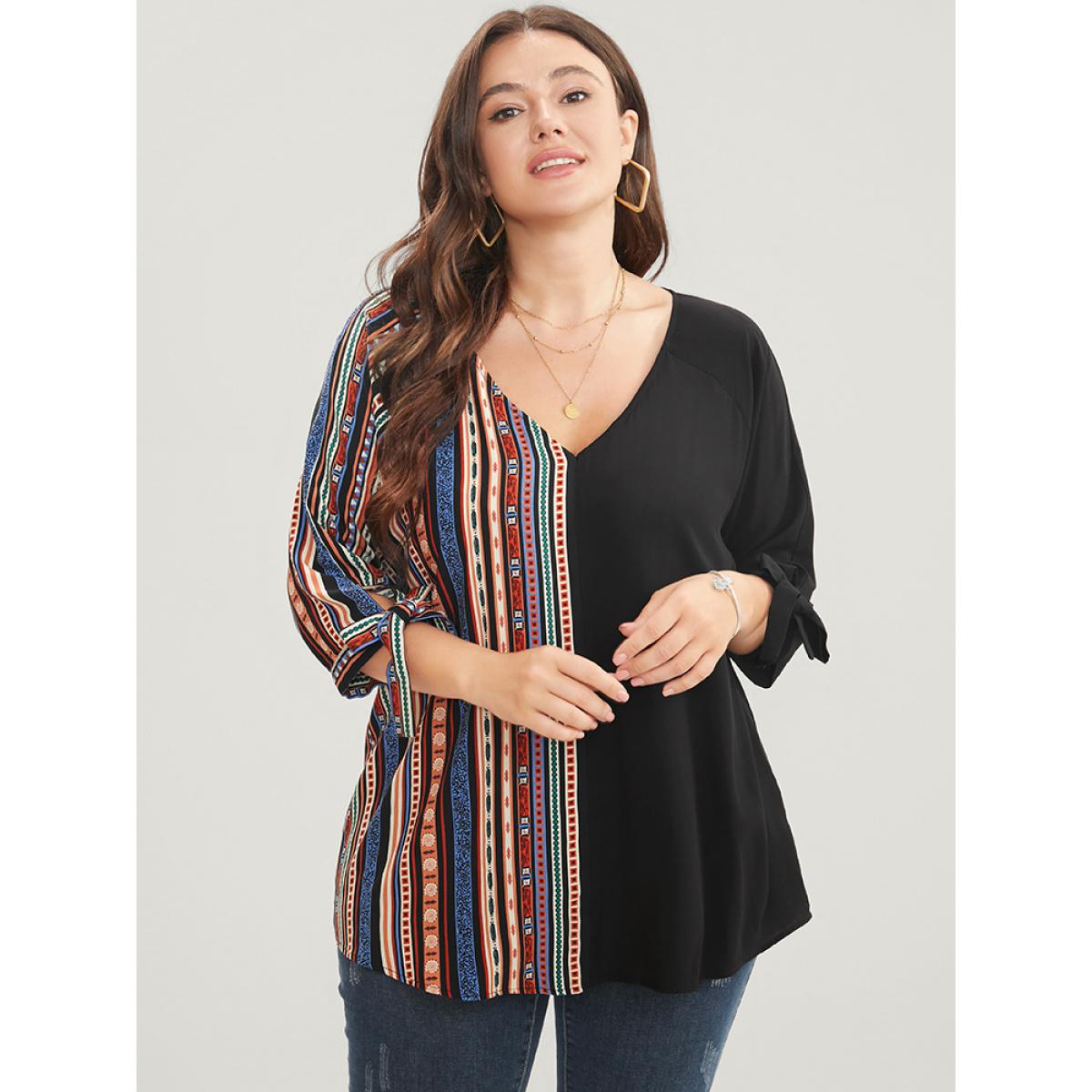 Plus Size Black Striped Geometric Patchwork Knotted Sleeve Blouse Women Vacation Elbow-length sleeve V-neck Dailywear Blouses BloomChic 12/L Product Image