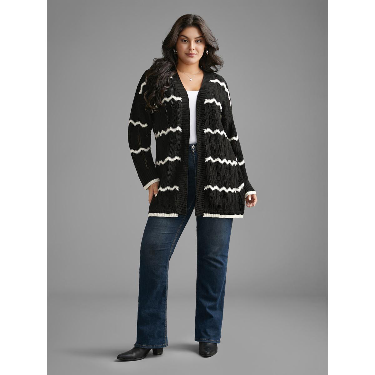 Plus Size Striped Textured Pointelle Knit Cardigan Black Women Casual Long Sleeve Everyday Cardigans BloomChic 22-24/3X Product Image