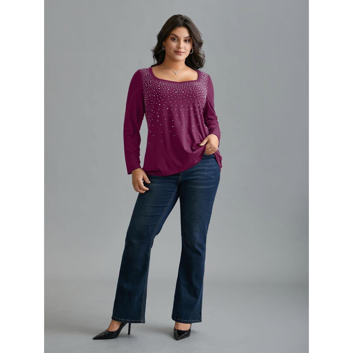 Plus Size Sequin Stretchy Long Sleeve T-shirt RedViolet Women Elegant Rhinestone detailing Heart neckline Everyday T-shirts BloomChic 28/5X Product Image