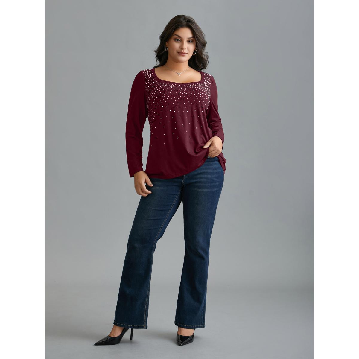 Plus Size Sequin Stretchy Long Sleeve T-shirt Black Women Timeless Rhinestone detailing Heart neckline Elegant T-shirts BloomChic 22-24/3X Product Image