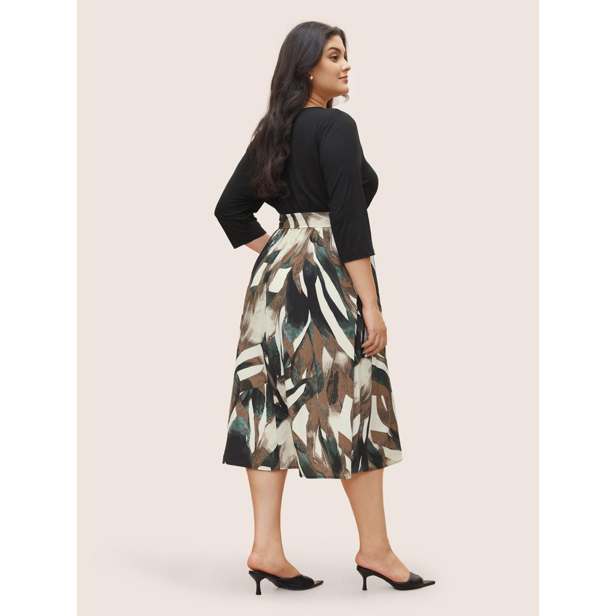 Plus Size Colorblock Contrast Half Zip Belted Dress Black Women At the Office Non V-neck Elbow-length sleeve Curvy Midi Dress BloomChic 22-24/3X Product Image