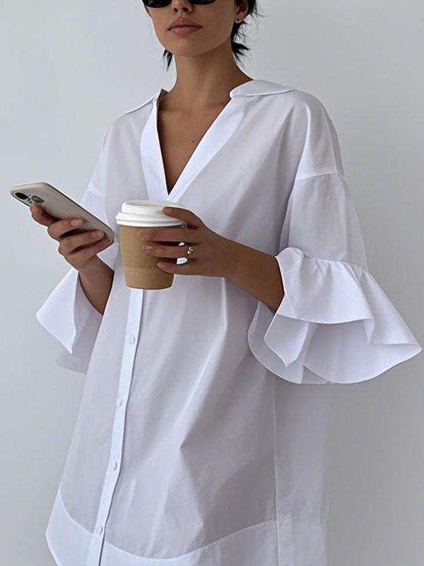 A-Line Flared Sleeves Buttoned Pleated Solid Color Split-Joint V-Neck Mini Dresses Shirt Dress Product Image