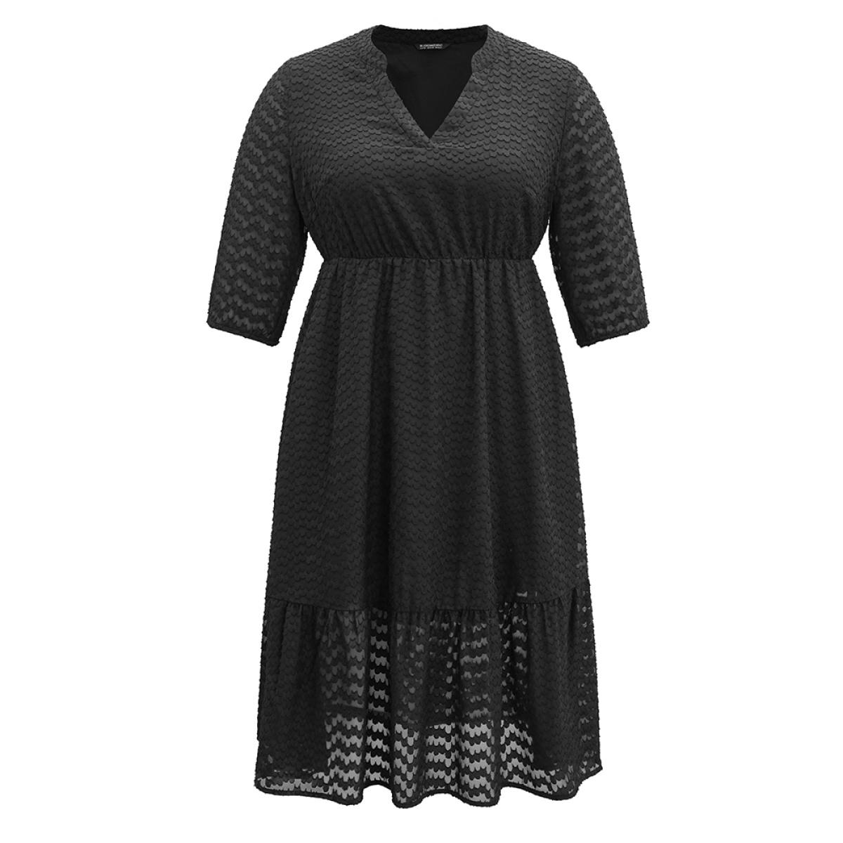 Plus Size Solid Textured Notched Elastic Waist Chiffon Dress Black Women Elegant Texture Notched collar Elbow-length sleeve Curvy Midi Dress BloomChic 22-24/3X Product Image