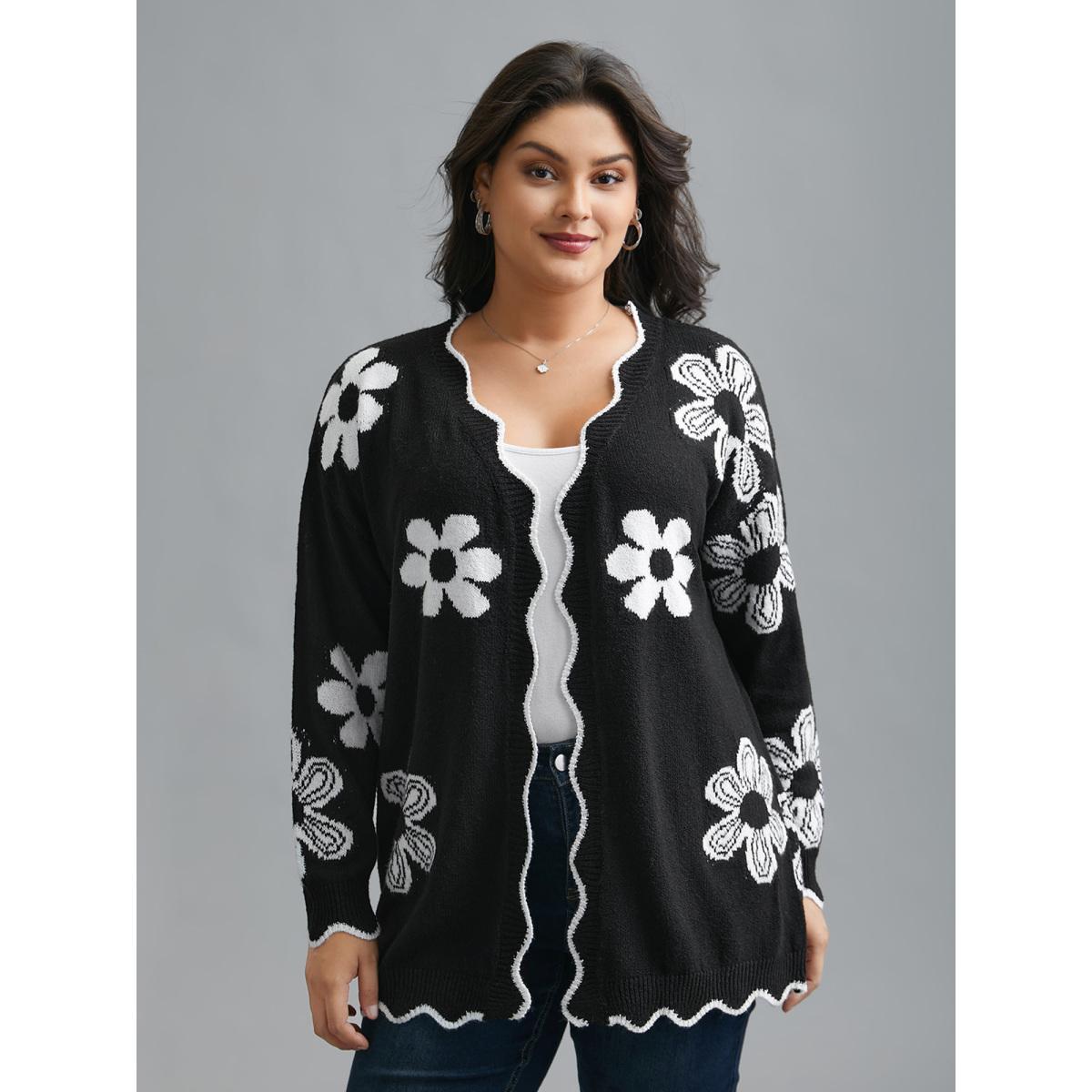 Plus Size Floral Pattern Open-Front Knitted Cardigan Black Women Casual Loose Long Sleeve Everyday Cardigans BloomChic 22-24/3X Product Image