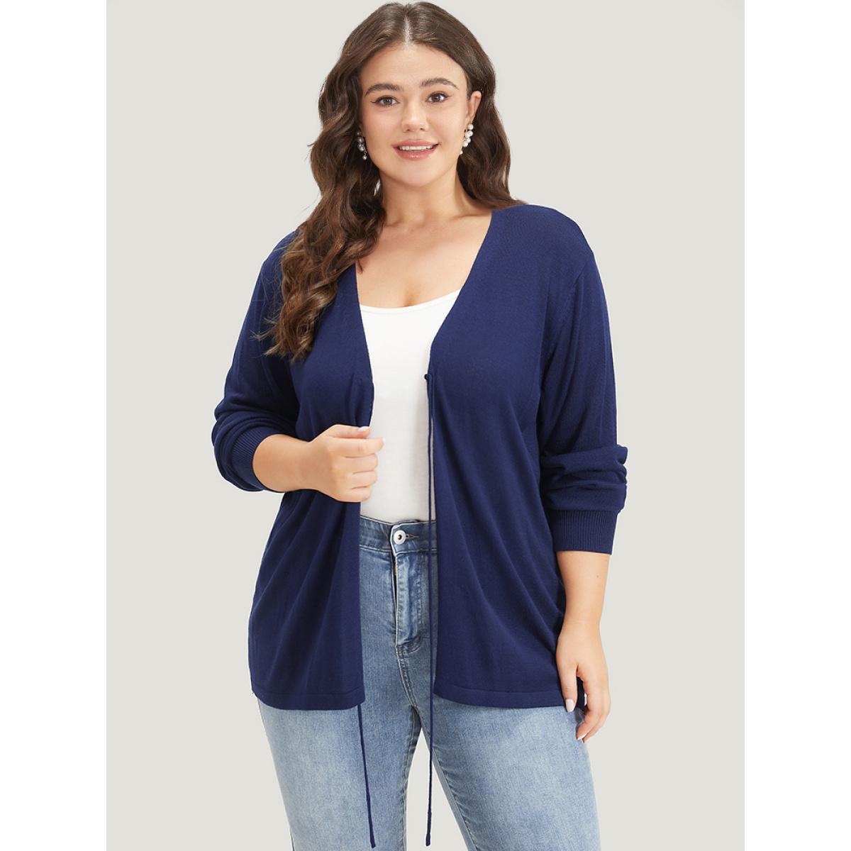 Plus Size Supersoft Essentials Plain Tie Front Elastic Cuffs Cardigan Indigo Women Casual Loose Long Sleeve Everyday Cardigans BloomChic 14-16/1X Product Image