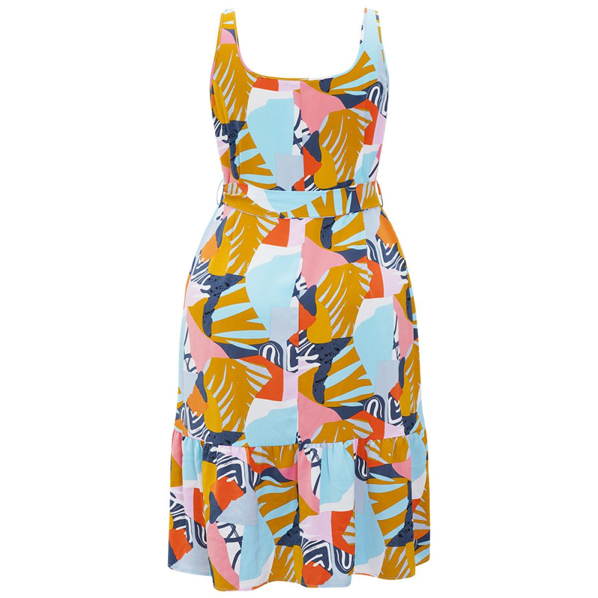 Plus Size Graphic Print Ruffles Hem Pocket Belt Pleated Tank Dress Multicolor Women Vacation Belted Square Neck Sleeveless Curvy Midi Dress BloomChic 28/5X Product Image