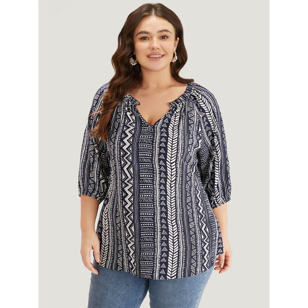 Plus Size Indigo Boho Print Frill Trim Raglan Sleeve Elastic Cuffs Blouse Women Resort Half Sleeve V-neck Vacation Blouses BloomChic 10/M Product Image