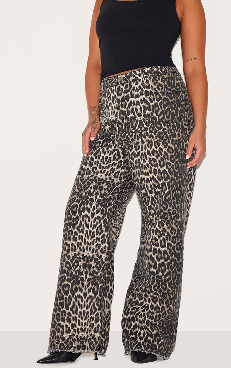 Plus Brown Leopard Print Denim Wide Leg Denim Jean Product Image