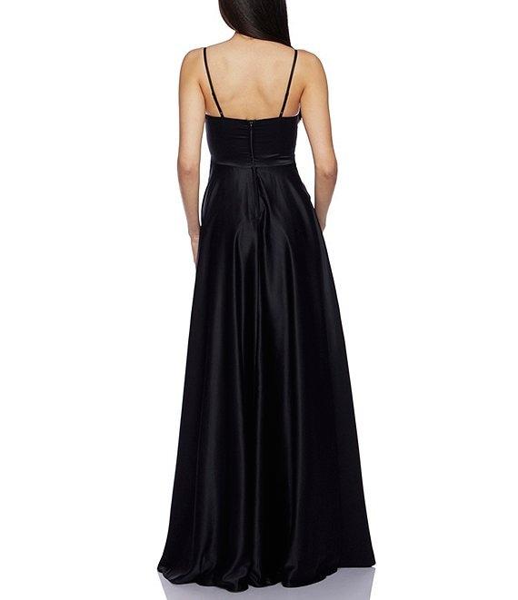 B. Darlin V-Neck Spaghetti Strap Princess Seam Side Slit Flounce Satin Gown Product Image
