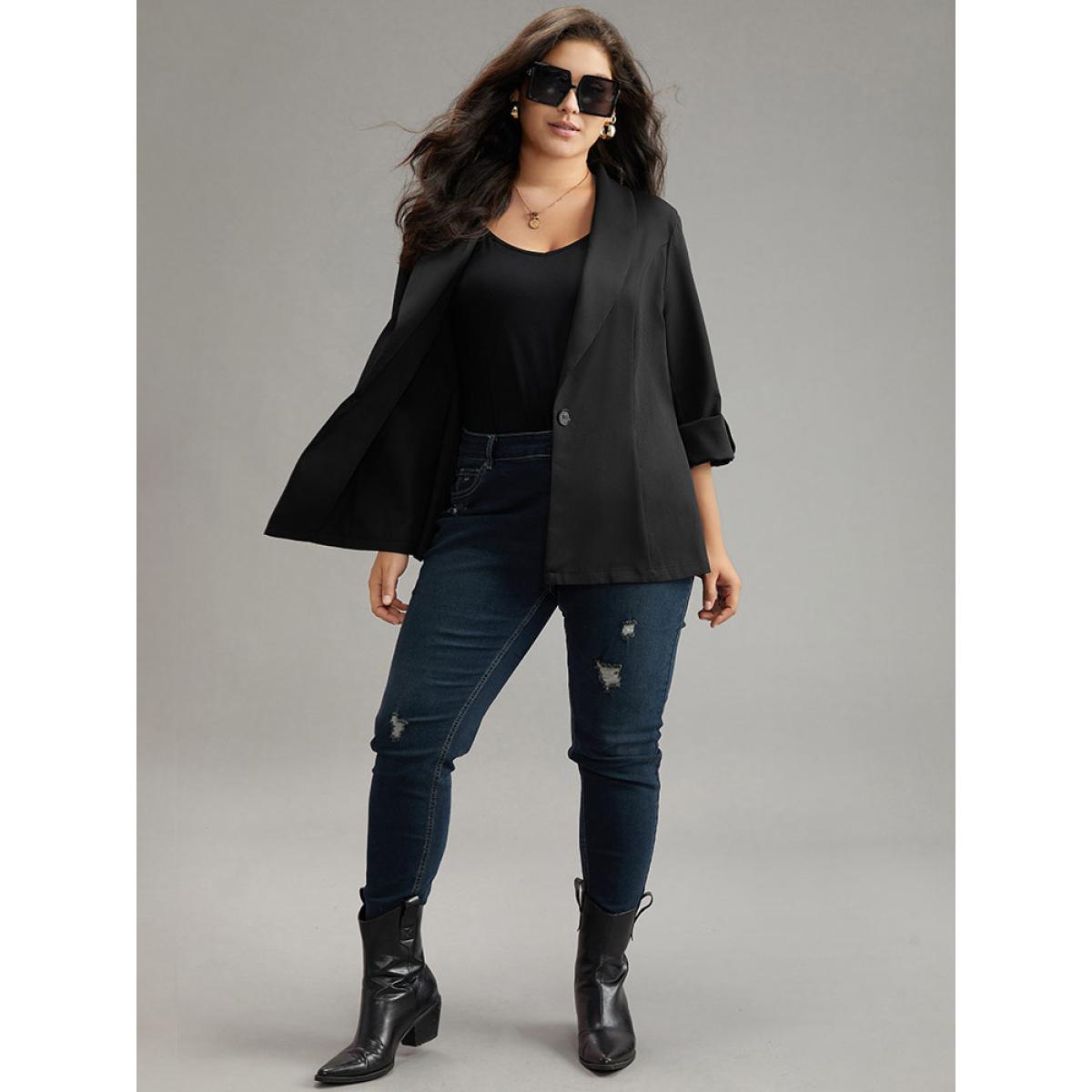 Plus Size Plain Roll Tab Sleeve Lapel Collar Blazer Black Women Dailywear Plain Plain Sleeve Long Sleeve Lapel Collar 14-16/1X Casual Blazers BloomChic Product Image
