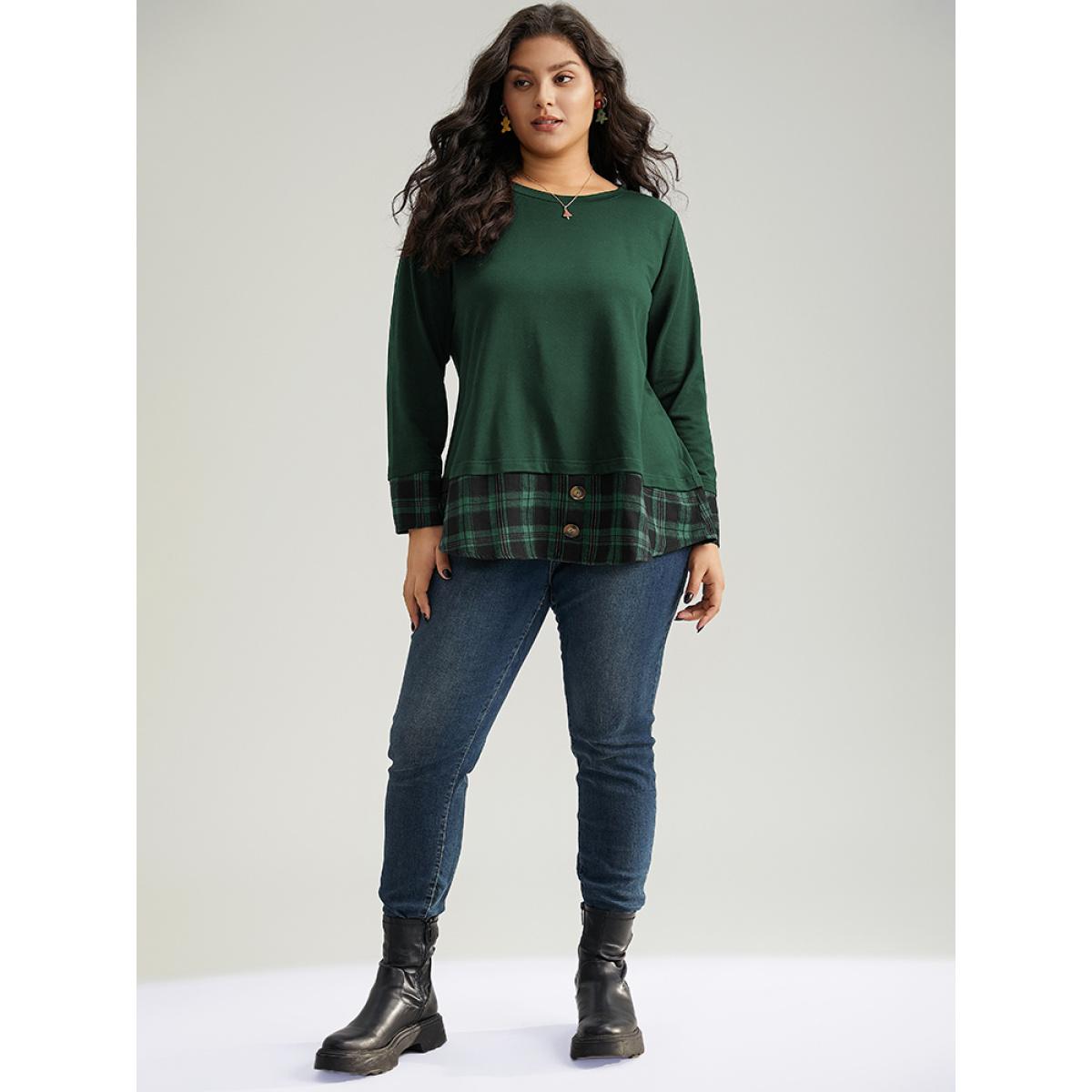 Plus Size Plaid Patchwork Button Detail Curved Hem Sweatshirt Women Green Casual Contrast Round Neck Festival-Christmas Sweatshirts BloomChic 26/4X Product Image