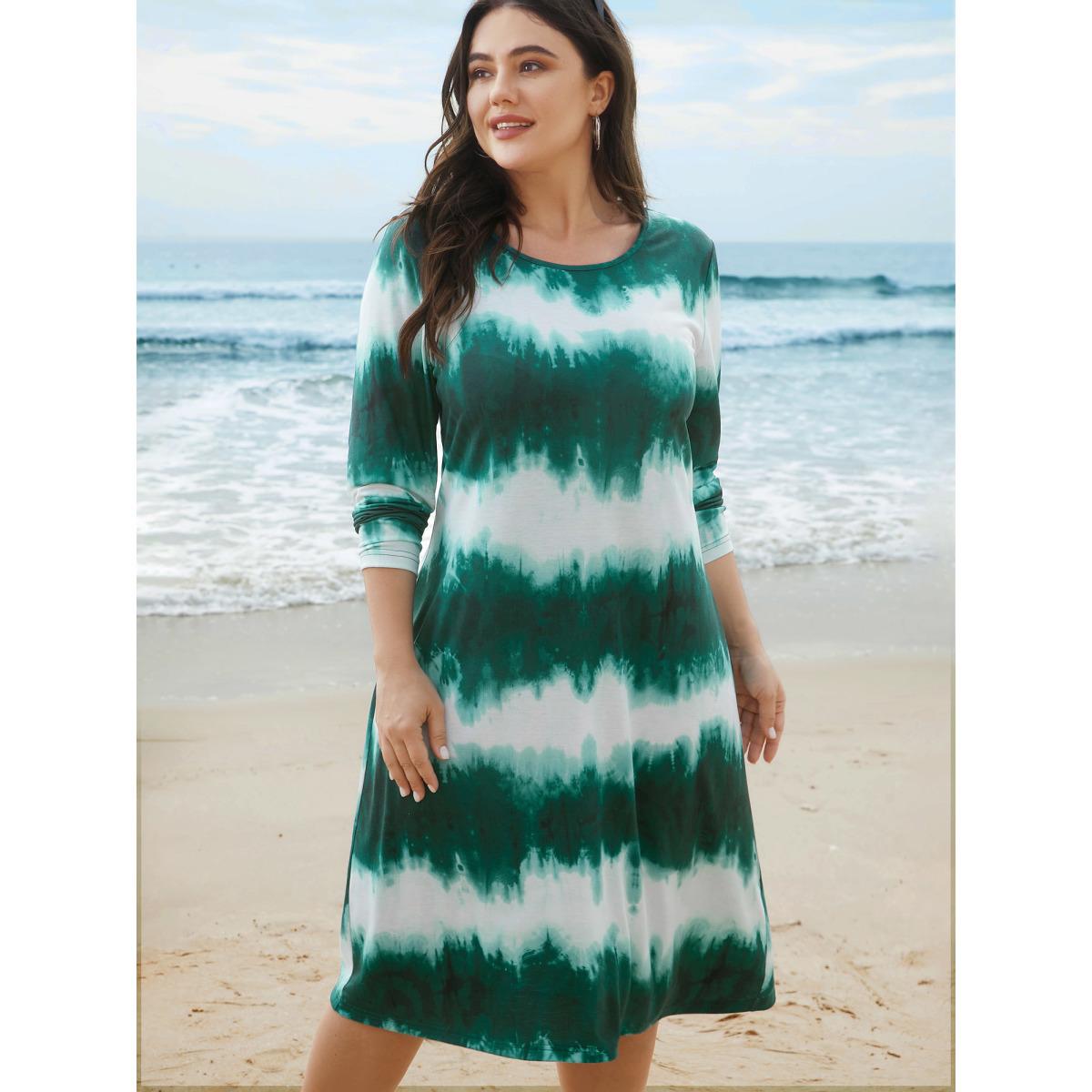 Plus Size Tie-Dye Round Neck Midi Knit Dress Teal Women Casual Non Knit Dresses Bloomchic 28/5X Product Image