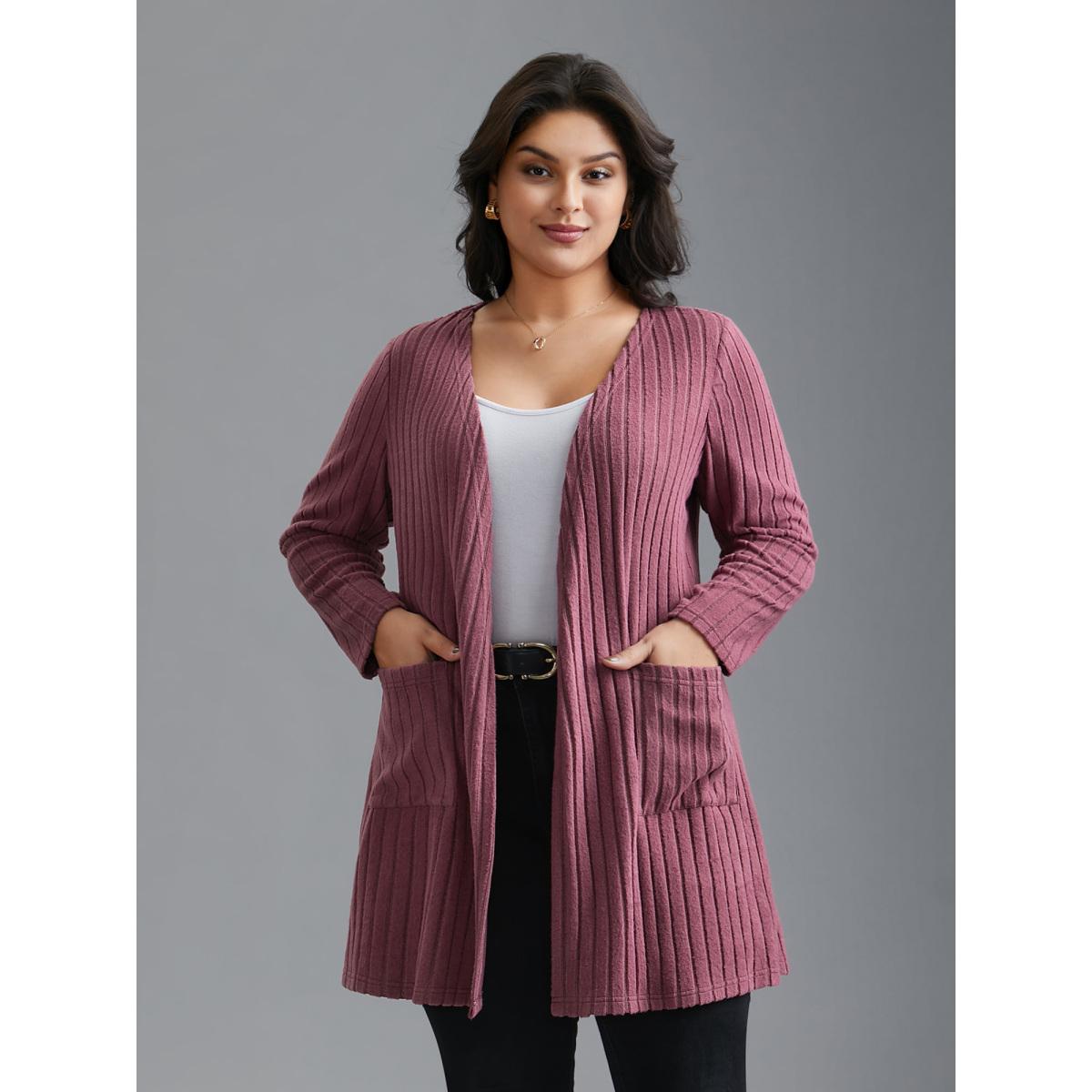 Plus Size Pit Strip Knit Open Front Cardigan Women Beanpastepowder Texture Loose Patch pocket Everyday Jackets BloomChic 26/4X Product Image