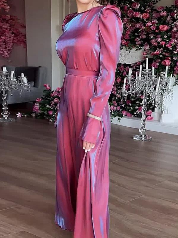 A-Line Long Sleeves Pleated Solid Color Tied Waist Zipper Round-Neck Maxi Dresses Product Image