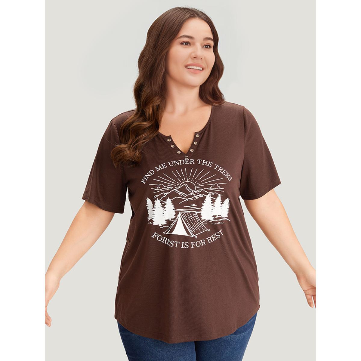 Plus Size Landscape Print Notched T-shirt DarkBrown Women Casual Printed Western Dailywear T-shirts BloomChic 28/5X Product Image