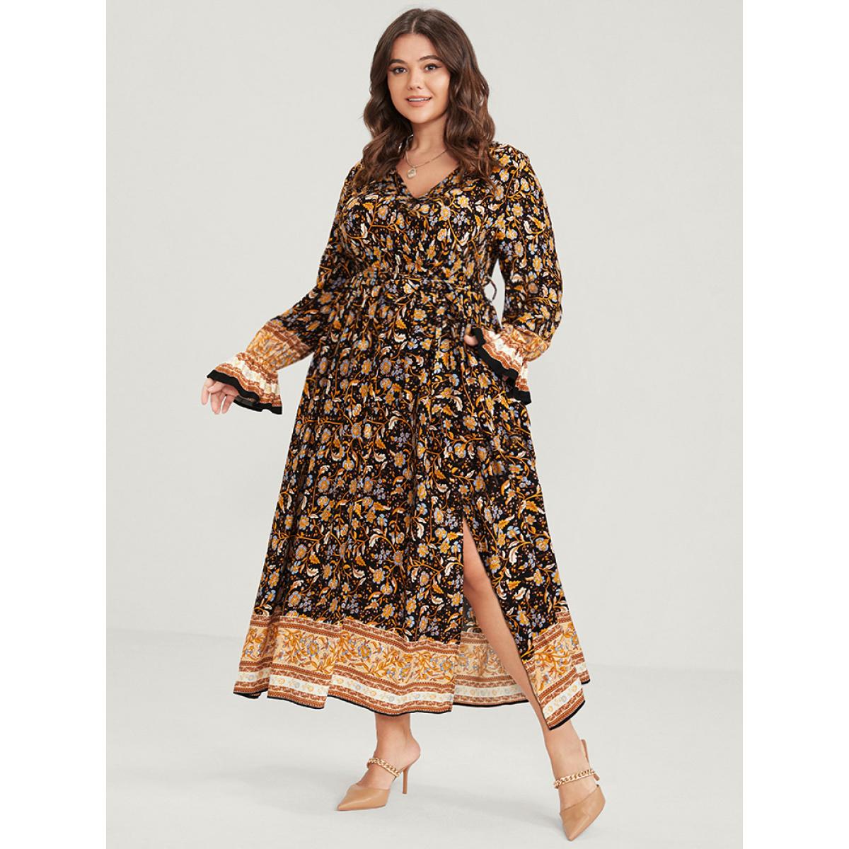 Plus Size Floral Surplice Neck Pocket Lantern Sleeve Split Maxi Dress Black Women Vacation Pocket V-neck Long Sleeve Curvy Long Dress BloomChic 22-24/3X Product Image