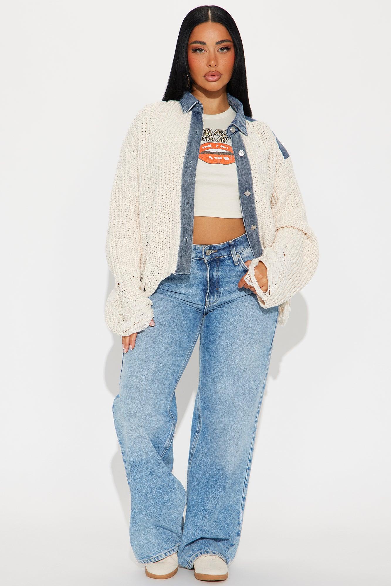 My Kind Of Cozy Mix Media Denim Jacket - Medium Wash Product Image