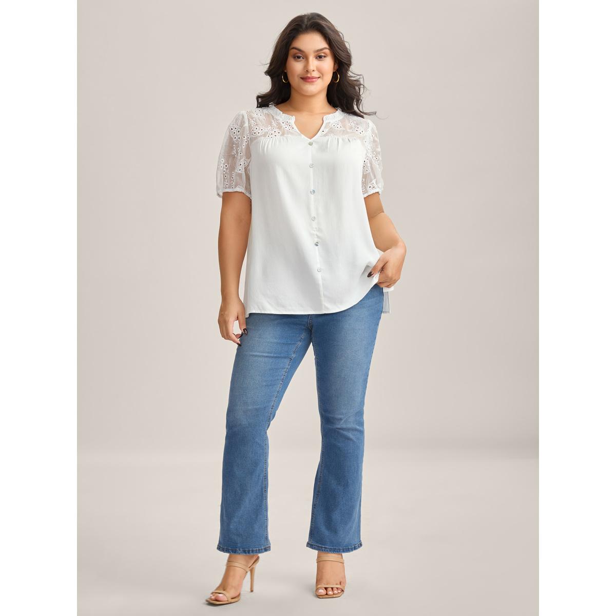 Plus Size Originalwhite Eyelet Trim Sheer Button Detail Blouse Women Timeless Short sleeve Notched collar Elegant Blouses BloomChic 10/M Product Image