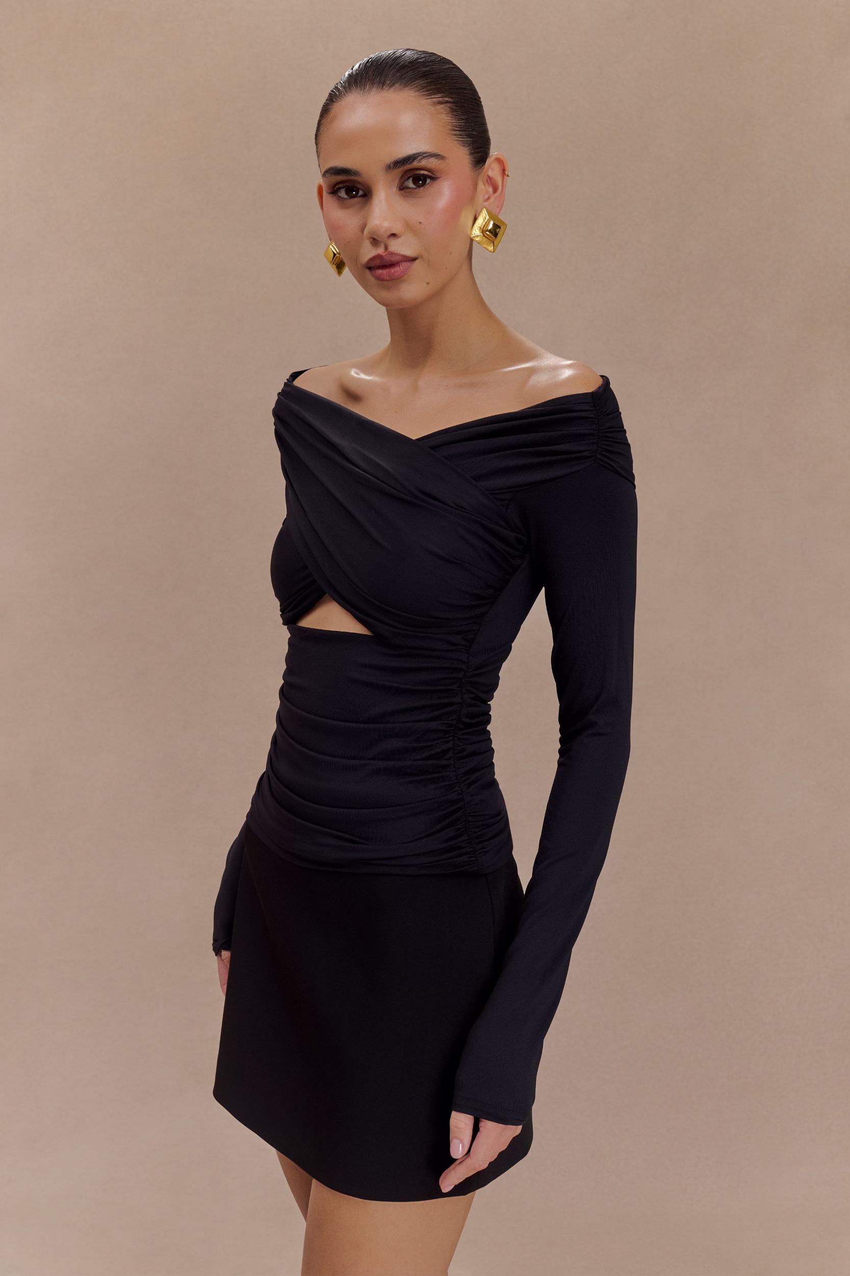 Jaden Off Shoulder Recycled Nylon Top - Black Product Image